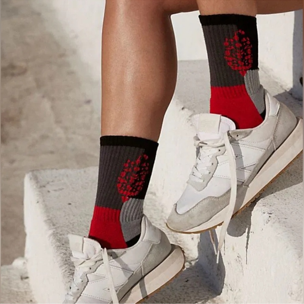 Free People Movement Logo Patchwork Crew Socks Black Red Gray One Size